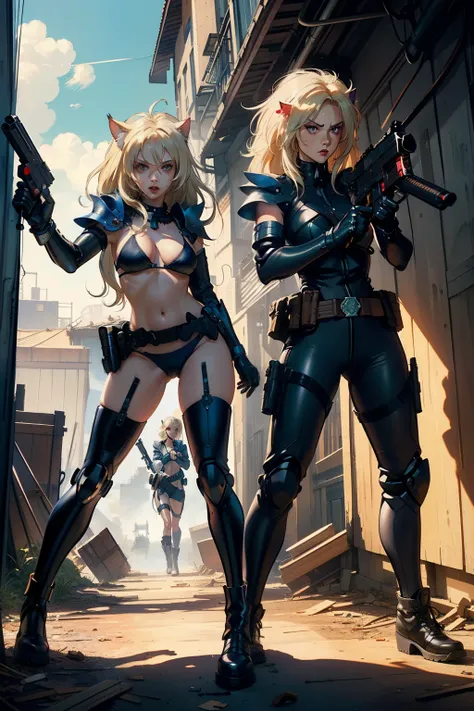 ((highest quality)), ((masterpiece)), (be familiar with), (High definition), 8K, Perfect Face、2Women、Two blonde women with cat ears、((Action Scenes), ((Gunfight:1.4))、(Shooting a gun, Holding a gun), (Inside an abandoned factory)、tall、2 Blonde cat ears、2. ...