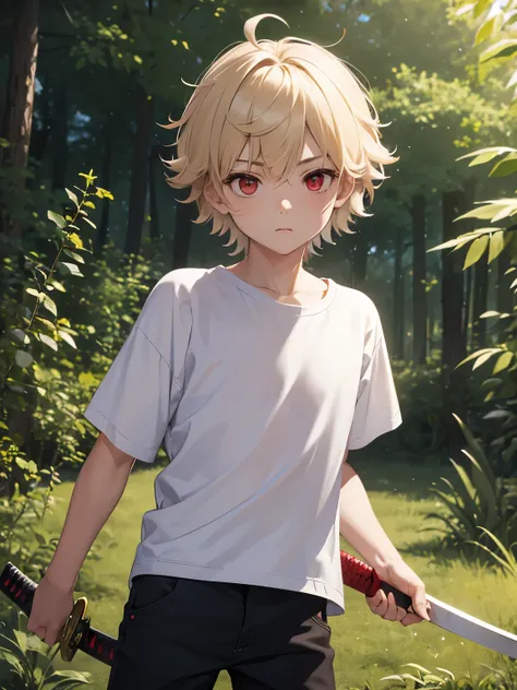 1 boy,guy,5 years old,Holding a katana, slashing with a sword, Short blonde hair,cool,messy hair, wearing White t-shirt,plain t-shirt,white shorts,red eyes, bright red eyes,Plain t-shirt,In the forest, at night,half body photo