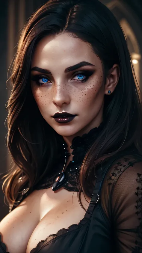 (best quality, hyperdetailed photography:1.2), beautiful lady, freckles, gothic dark makeup, soft light, perfect breast, cover, (detailed beautiful face, detail skin texture, ultra-detailed body:1.1) sexy vampire girl, blue eyes, perfect body, 