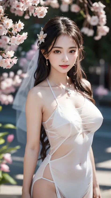 Photorealistic, High resolution, Soft light,1womanl, Solo, hips up high, glistning skin, (Detailed face),The tattoo, Jewelry, Wedding see-through hanf, cherry blossom, Night, White wavy hair, Beautiful Soldier, An eye that invites the viewer, Lovers perspe...