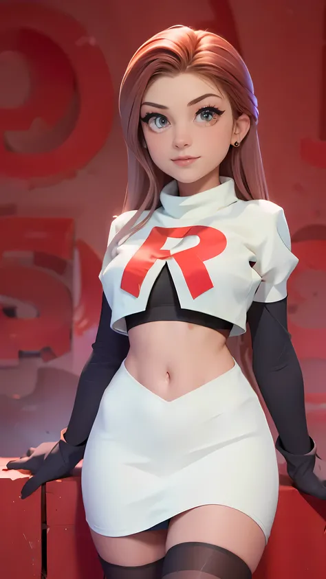 xoaeriel, a woman wearing team rocket, team rocket uniform, white skirt, red letter R, crop top, black thigh-highs, black elbow gloves,