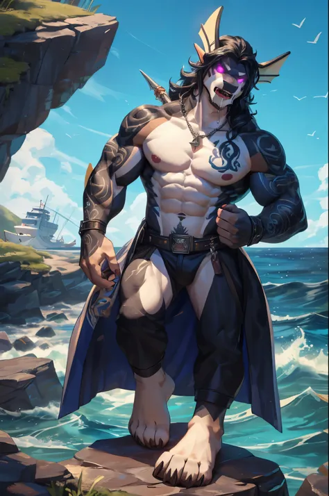 (((Barefoot furry character, full body, cinematic setting, furry male, plantigrade))) (((Poseidon))) embodied as a powerful orca anthro with sleek black and white markings, sporting a trident tattoo on his bicep. He has a muscular physique and deep sea-blu...