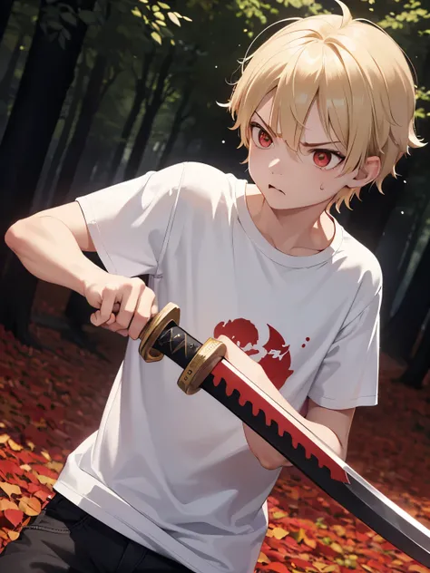 1 boy,guy,5 years old,Holding a katana, slashing with a sword,angry expression, Short blonde hair,cool,messy hair, wearing White t-shirt,plain t-shirt,white shorts,red eyes, bright red eyes,Plain t-shirt,In the forest, at night,half body photo