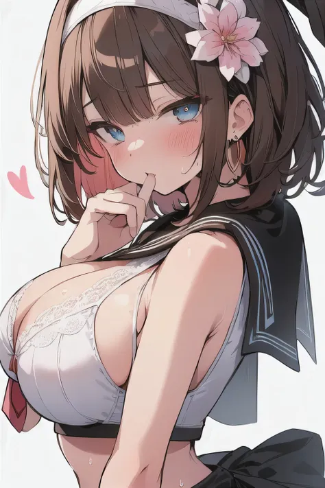 (best quality), (Super detailed), (Best Illustration), (1woman), look at viewer, from side, (Ahegao:1.2), (show off bra:1.3), (white serafuku), (very big Breasts:1.2), {brown hair, (bob cut:1.2), curly hair, hairs between eyes}, {(detailed eyes), heart-sha...