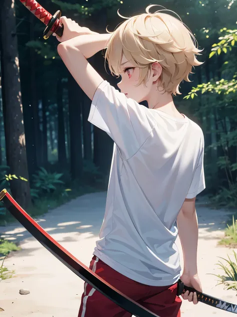 1 boy,guy,5 years old,Holding a katana, slashing with a sword, looking away, photo from behind,Short blonde hair,cool,messy hair, wearing White t-shirt,plain t-shirt,white shorts,red eyes, bright red eyes,Plain t-shirt,In the forest, at night,half body pho...