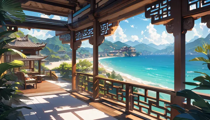 Best quality，4k，masterpiece，Beautiful blue coast landscape，Traditional Chinese wooden buildings near the beach，ornate carvings，Exquisite lattice windows，Peaceful atmosphere，Tranquil sea breeze，Sunlight，plant，Vibrant colors，Natural and architectural，A fusio...