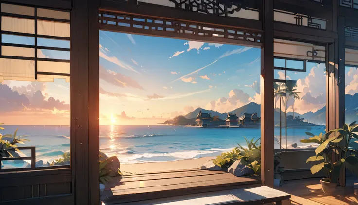 Best quality，4k，masterpiece，Beautiful blue coast landscape，Traditional Chinese wooden buildings near the beach，ornate carvings，Exquisite lattice windows，Peaceful atmosphere，Tranquil sea breeze，Sunlight，plant，Vibrant colors，Natural and architectural，A fusio...