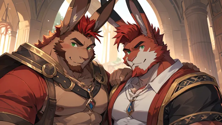 (perfect face, bara furry, rabbit man, big body, cardinal skin, short quiff red hair, green eyes, perfect eyes, big rabbit ears, handsome, in the kingdom) with (perfect face, bara furry, rabbit man, big body, light brown skin, short quiff red hair, green e...