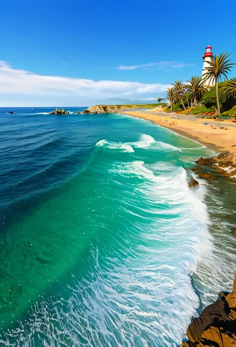 best quality,realistic,blue coast,ocean waves,sandy beach,clear sky,rocky cliffs,seagulls,fishing boats,reflection on water,crashing waves,surfers catching waves,sunshine,coastal breeze,vibrant colors,serene atmosphere,horizon line,sunlit clouds,tropical p...