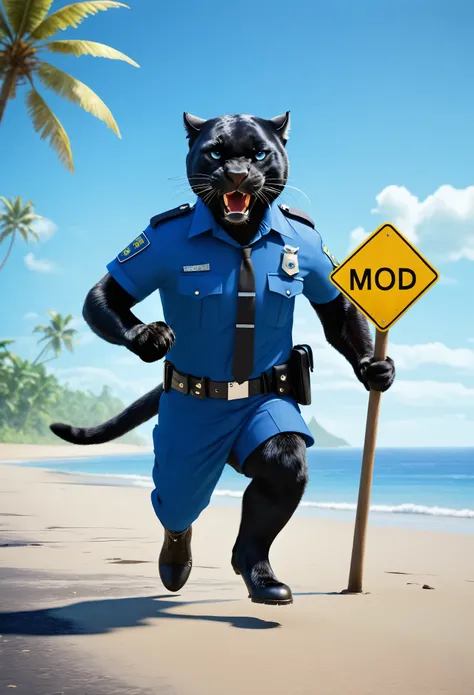  (best quality,highres:1.2),Dressed animals page, angry panther in policemen dress, running on the Blue Coast, holding sign board that says "MOD",