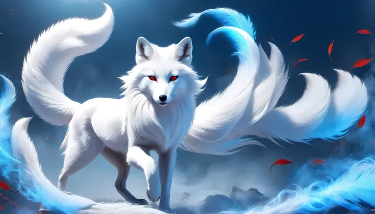 (a white fox with nine red tails in ancient chinese mythology, shan hai jing), long hair, mysterious legend, chinese mythology, ...