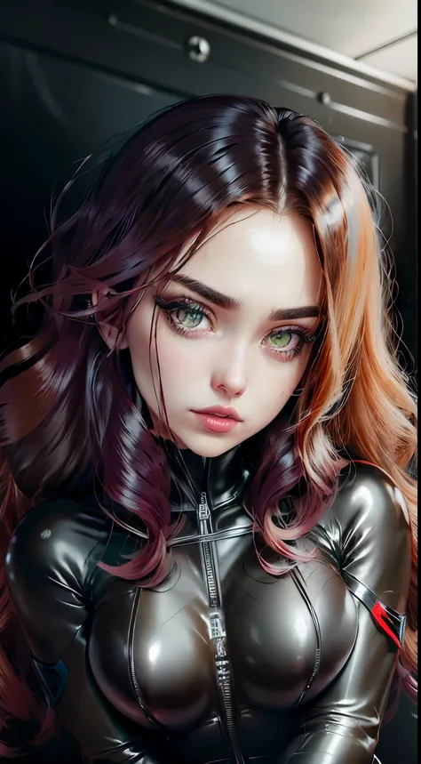 Ultra Macro Photography, fantasy girl, ((Black Widow)), huge breasts, kissing lips, latex outfit, shiny/glossy latex, bodysuit outfit, hyper holographic black latex, long hair, long bangs, NSFW, hentai, perfect makeup, realistic face, (detailed eyes), ligh...