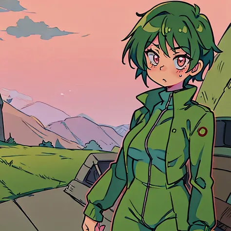 intrigued anime girl looking left short green hair and pink eyes wearing a vault suit fallout style no background