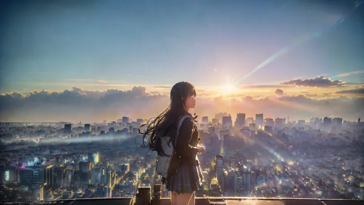 realistic, (Majestic Tokyo city landscape:1.4), (A school girl:1.3) standing on (shool roof:1.3), (staring into the vast expanse of City:1.4), (A colossal city:1.5) rising above the horizon,  glowing in the foreground, (Highly detailed:1.4), (Intricate:1.3...