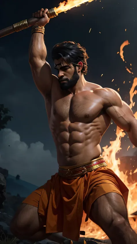 Lord Hanuman, an Indian god with a monkey face and a long tail, is in the middle of a fierce battle against two muscular Greek soldiers. Hanuman is solidly built, with a broad chest, powerful long arms, and holds a large gada (a club) in his hand. He is dr...