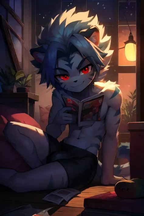 kogenta (Onmyou Taisenki) lying with his stomach on the ground while reading comics, read comics, young anthro male white tiger with dark blue stripes, slim, very slim, very thin waist, cute, plants, pillows, reading comics, light falling inside through an...