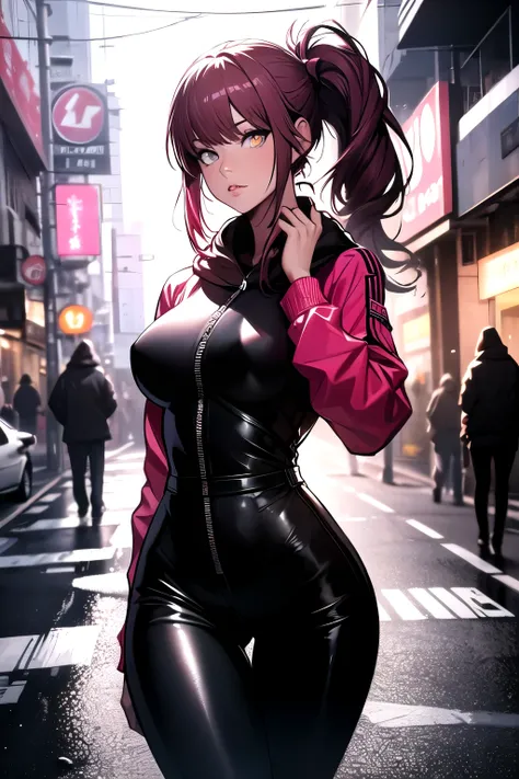 A stunning image of a red-haired woman, hair in a ponytail, her bright eyes super detailed, full lips painted red, chiseled physique and wide hips. She wears a closed black leather jumpsuit, whose shiny surface accentuates her shape. A windbreaker with a h...