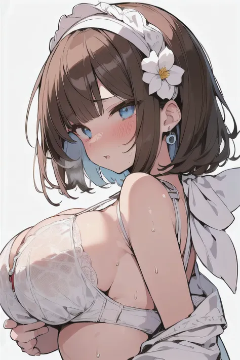 (best quality), (Super detailed), (Best Illustration), nsfw, (1woman), look at viewer, from side, (Ahegao:1.2), (show off bra:1.3), (very big Breasts:1.2), {brown hair, (bob cut:1.2), curly hair, hairs between eyes}, {(detailed eyes), heart-shaped pupils, ...