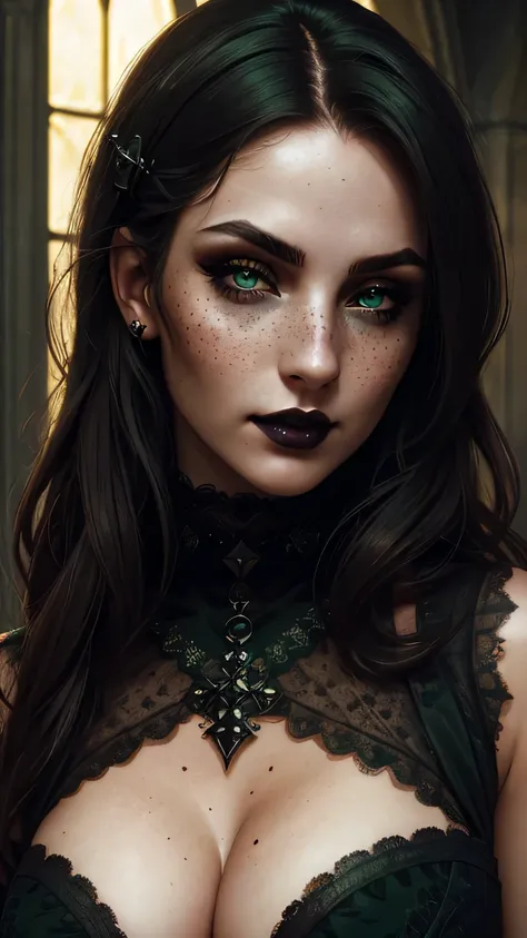 (best quality, hyperdetailed photography:1.2), beautiful lady, freckles, gothic dark makeup, soft light, perfect breast, cover, (detailed beautiful face, detail skin texture, ultra-detailed body:1.1) sexy vampire girl, green eyes, perfect body, 