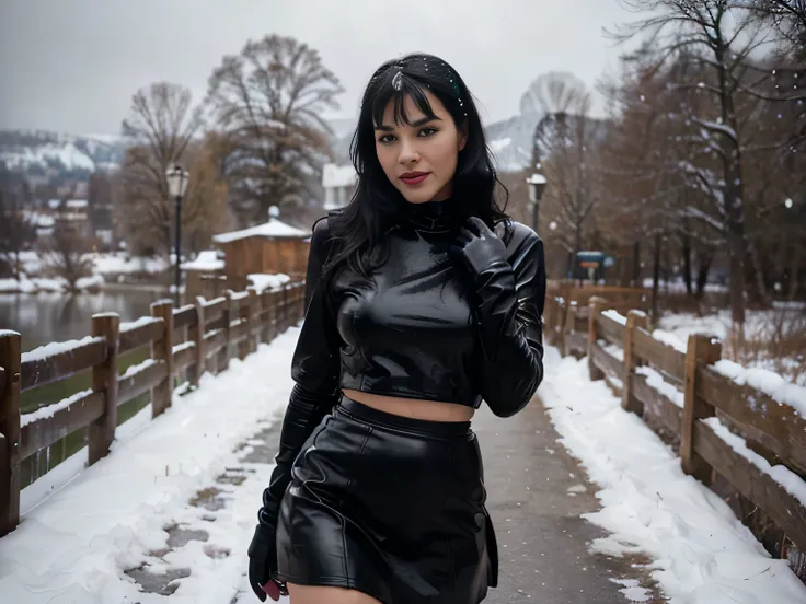 proFessional portrait photograph oF a gorgeous smiling soaked Bettie page girl in soaked winter clothing ,ponytail Black hair, red lipstick,black long maxi-skirt(black long maxi-skirt:1.2),sultry Flirty look, gorgeous symmetrical Face, joli maquillage natu...