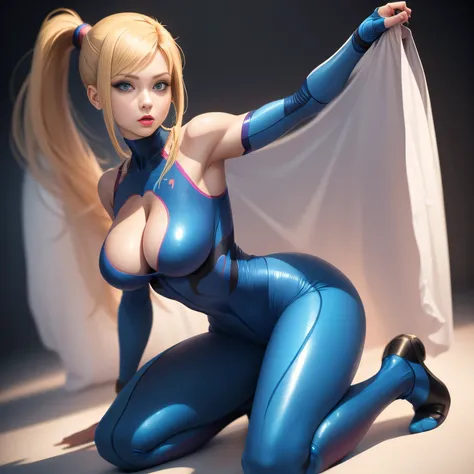 zero suit samus, blue eyes, stunning proportions, zero suit, skin-fit bodysuit, white background, long hair, ponytail, extremely detailed, shiny, full body shot, sexy armor, cleavage, spread legs, pink lipstick, kneeling, sleeveless, thighhighs, soft