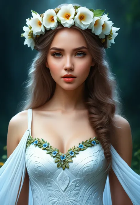 Realistic Photo hd, 4k, beast quality, Masterpiece of a woman with a flower crown on her head and a dress, beautiful fantasy art portrait, beautiful fantasy maiden, beautiful fantasy portrait, beautiful fantasy art, beautiful maiden, very beautiful fantasy...