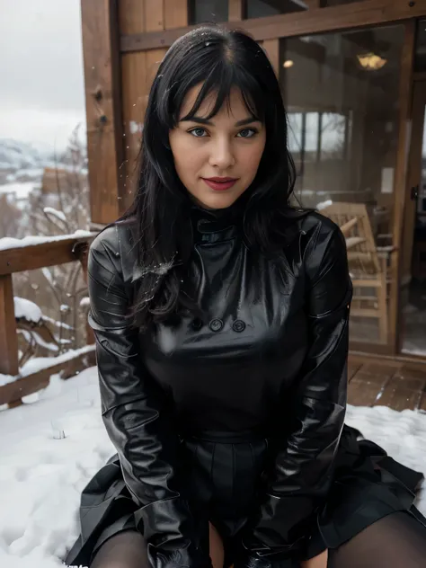 proFessional portrait photograph oF a gorgeous smiling soaked Bettie page girl in soaked winter clothing ,ponytail Black hair, red lipstick,black long maxi-skirt(black long maxi-skirt:1.2),sultry Flirty look, gorgeous symmetrical Face, joli maquillage natu...