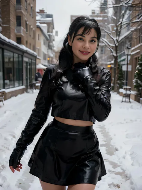 proFessional portrait photograph oF a gorgeous smiling happy soaked Bettie page girl in soaked winter clothing ,ponytail Black hair, red lipstick,black long maxi-skirt(black long maxi-skirt:1.2),sultry Flirty look, gorgeous symmetrical Face, joli maquillag...