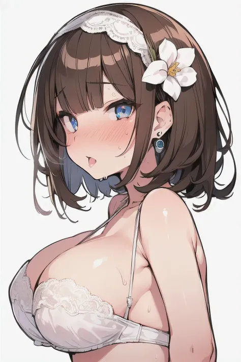 (best quality), (Super detailed), (Best Illustration), nsfw, (1woman), look at viewer, from side, (Ahegao:1.2), (bra:1.3), (big breasts:1.2), {brown hair, (bob cut:1.2), curly hair, hairs between eyes}, {(detailed eyes), heart-shaped pupils, blue eyes}, bl...