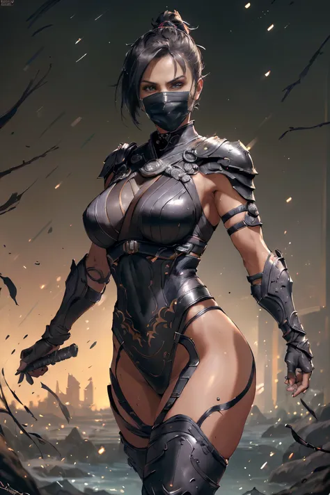 (best quality,4k,8k,highres,masterpiece:1.2),ultra-detailed,(realistic,photorealistic,photo-realistic:1.37),1 woman,Mortal Kombat 1 fighter,wearing futuristic beige armor,ninja style, ninja, demon mask, short black hair,slim body shape,ninja pose,close up,...