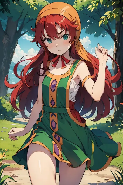 high resolution、highest quality、small stature、small shoulders、white skin、long hair、slender、maribel、 red hair、hood, (green dress)...