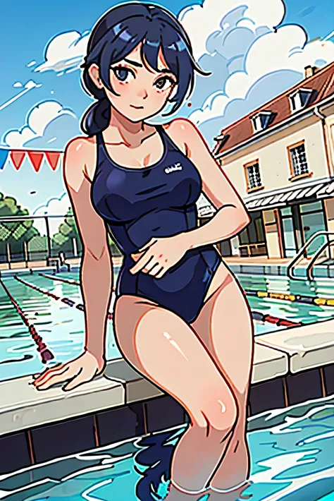 Marinette Dupain Cheng wearing an adjustable one-piece swimsuit at the school swimming pool in Paris France blue hair two ponytails, CmptSwm