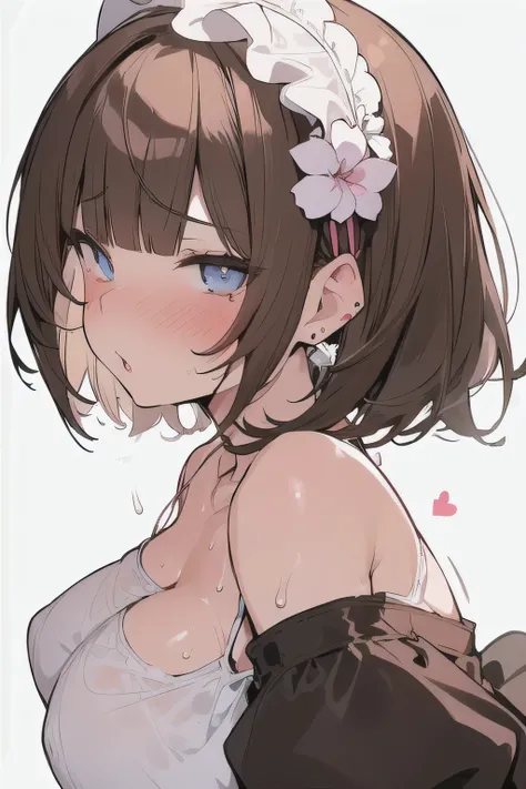 (best quality), (Super detailed), (Best Illustration), nsfw, (1woman), look at viewer, from side, (Ahegao:1.2), (camisole:1.3), (big breasts:1.2), {brown hair, (bob cut:1.2), curly hair, hairs between eyes}, {(detailed eyes), heart-shaped pupils, blue eyes...