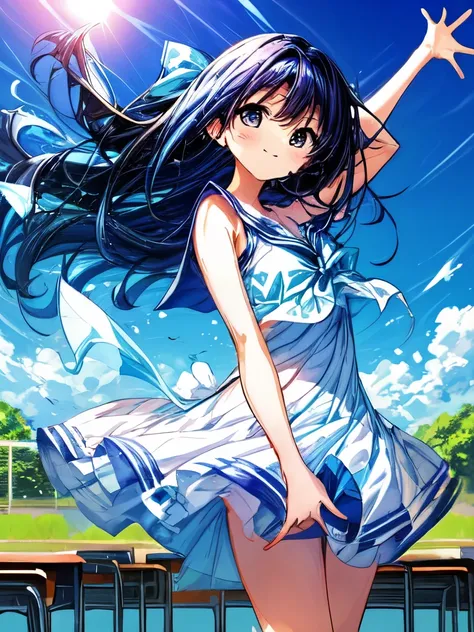 Create an image of a girl, classroom, vibrant blue sky. The image should capture the essence of summer, with a warm and sunny background. The girl should be in a typical summer pose, with a high-contrast effect and a subtle glow. The upper part of the scre...