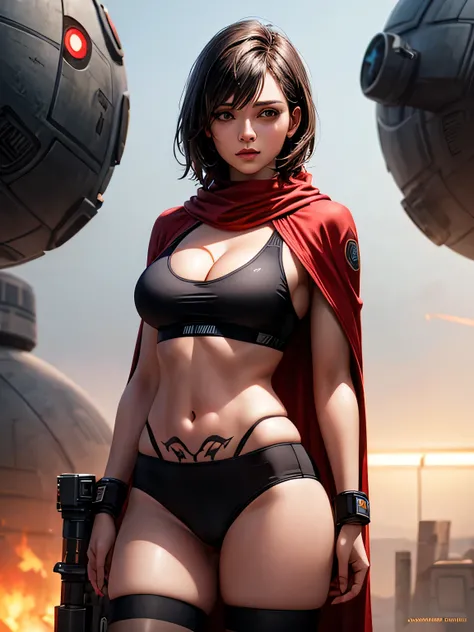 Photorealistic Girl with sci-fi futuristic underwear, matching black full sports bra with red trim and panties, jedi tattoos, jedi cape, scarf, camel toe, cleavage, tight underwear, star wars background, sfw, 
