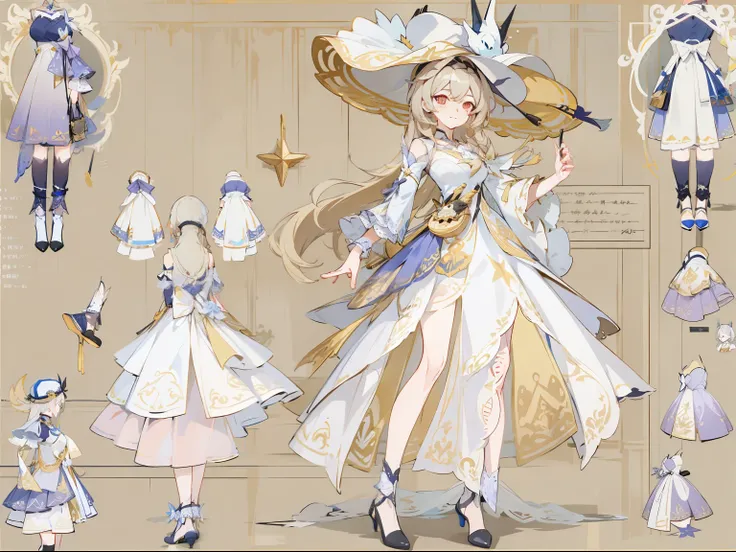 (Masterpiece, best quality) detailed, Detailed face, honkai star rail character, character sheet, full bodyesbian, many items (same person, dress, necklace, lace, bow, hat, handbag, shoes, fan, decoration, many parts), aristocratic woman, gentle, good-look...