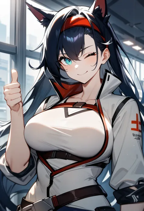 masterpiece, best quality, very aesthetic, absurdres, 1girl, blaze(arknights), arknights, looking at viewer, upper body, mature female, long hair, cat ears, hairband, aqua eyes, breasts, white jacket, white shirt, underbust, thumbs up, smile, one eye close...