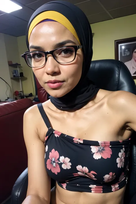 spectacles, ((short hijab)), ((gigantic tits:1.4)), (dynamic photograph of a 58 year old indonesian woman), (slim top, cotton pa...