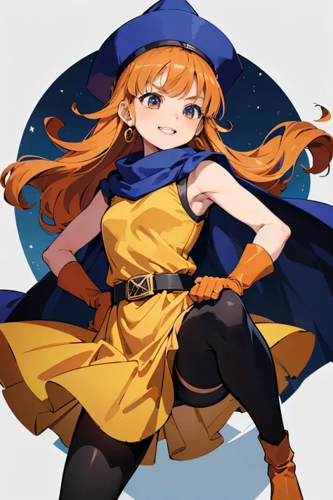 1 girl、High resolution、masterpiece、(alena-dq4、DQ4-ALENA、Orange straight hair)、Grin、Short stature、Thin thighs、Thin legs、Small shoulders、slender、Muscular、(bedroom)、(hat、dress、Cape、belt、Gloves、Black tights)、Night Grassland、attacking with a kick、Attacking with...