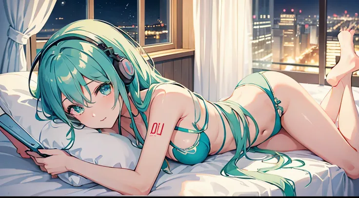 In bed with headphones、Studying on a laptop、Hatsune Miku in a bikini、Beautiful night view outside the window