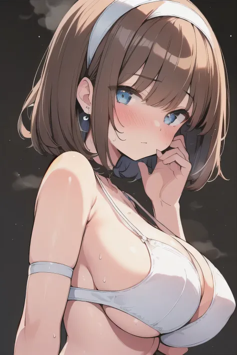 (best quality), (Super detailed), (Best Illustration), (1woman), look at viewer, from side, upper body, (strap slip), (Big Breasts:1.2), {brown hair, (bob cut:1.2), curly hair, hairs between eyes}, {(detailed eyes), heart-shaped pupils, blue eyes}, blush, ...