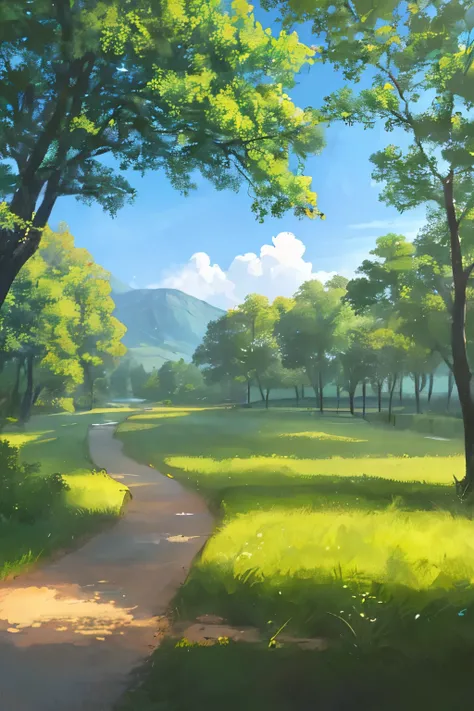 Amidst the tranquil landscape, a scene of serene beauty unfolds. Sunlight filters through the canopy of leaves, casting a warm, golden glow on the lush, green grass below. White clouds lazily drift across the azure blue sky, painting a picturesque tableau ...