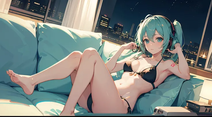 On the sofa with headphones、Studying on a laptop、Hatsune Miku in a bikini、Beautiful night view outside the window