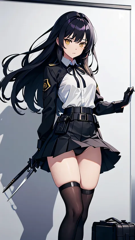 high quality、２０generation((whole body、woman、Yellow Eyes、Black and white long hair、Short shirt with a hem、Black gloves、Belt with holster、stomach、Holding scissors、A long black skirt that shows off your legs、Skirt flip、Purple ribbon、White underwear、Panties in...