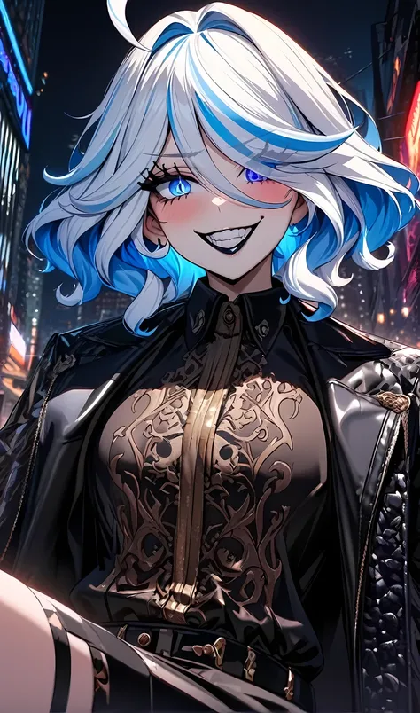 Furina,solo,1 girl,tattoo, mafia boss, (wear mafia clothes:1.5), crazy smile, evil aura, villain,night city, ultra-detailed,beautiful detailed eyes,beautiful detailed lips,extremely detailed eyes and face,