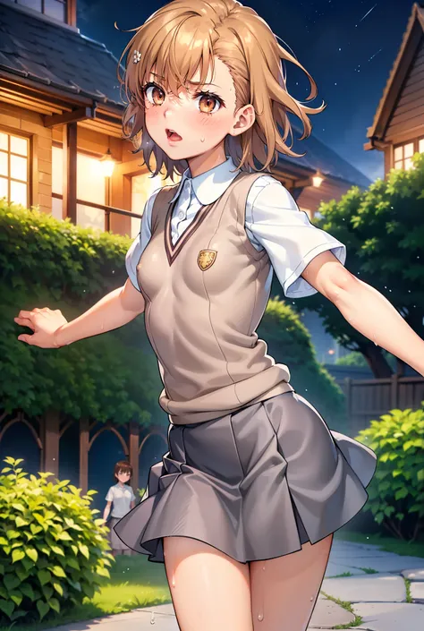 smooth anime cg art、focus only、1 girl、front view、(((grey skirt)))、sweater vest、short sleeve、(((small breasts)))、(((sweat)))、semi...