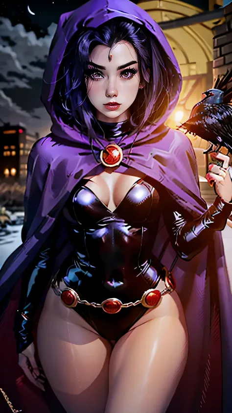 illustration of Raven from DC Comics, 1 girl, Raven, turtleneck, Black leotard, Black cape, hood, purple hair, forehead jeEmel, purple eyes, short hair, Belt, tight skin, standing, cleavage, toned, pose, night , moonlight, ((posing)), movement lines, torso...