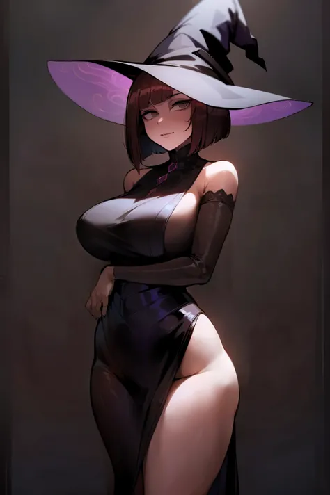 {best quality},{highly detailed},{ultra-detailed},masterpiece,1girl，solo，grey eyes，bob cut dark red hair，(((beautiful girl))),(((Witch image)))，Wide hat，Mysterious character，magician, skimpy dress
