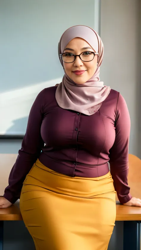 ((beautiful Nerdy malaysia college Lecturer woman)), 45 Years old, Middle age woman, name mira filzah brown eye, wearing nerd eyewear,tudung muslim,modernbaju kurung look rich,, unbuttoned baju Kurung, calm,confident,happy,beautifull MILF Curvy body, White...