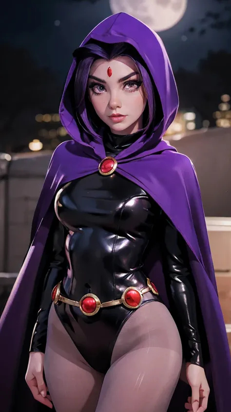 illustration of Raven from DC Comics, 1 girl, Raven, turtleneck, Black leotard, Black cape, hood, purple hair, forehead jeEmel, purple eyes, short hair, Belt, tight skin, standing, cleavage, toned, pose, night , moonlight, ((posing)), movement lines, torso...